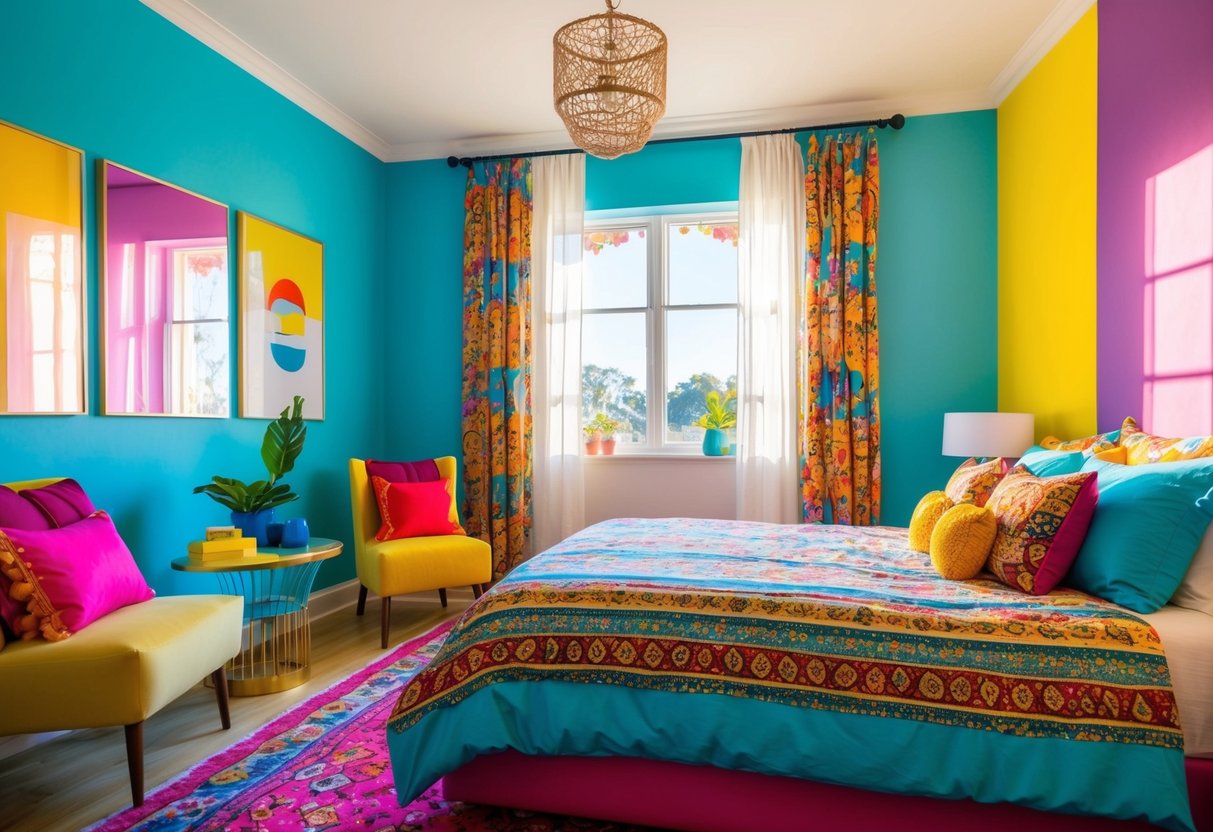 A vibrant bedroom with colorful walls, patterned bedding, and eclectic decor. Sunshine streams through the window, casting a warm glow on the lively space