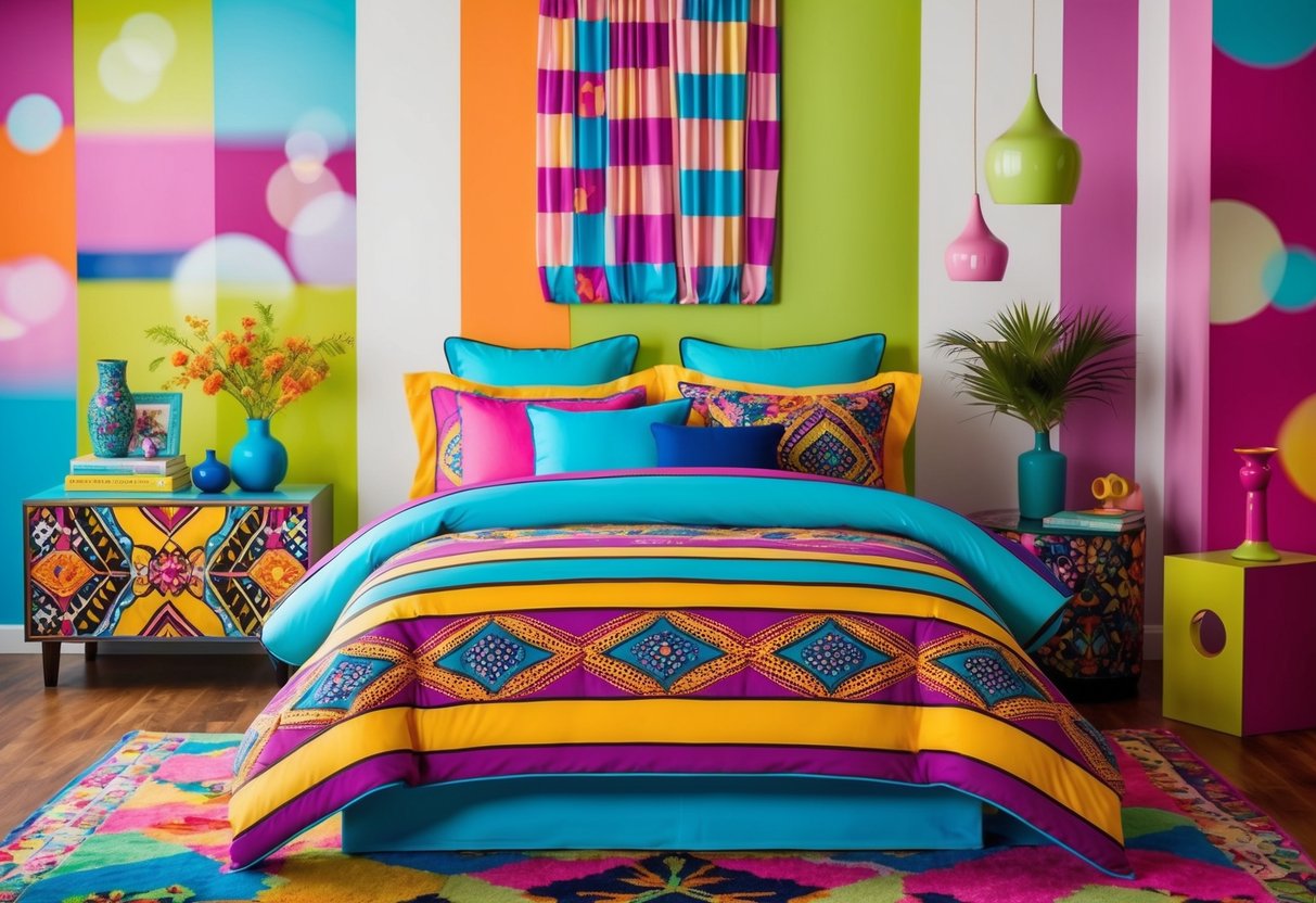 A vibrant, statement bedding set in a colorful, eclectic bedroom with bold patterns and lively accents