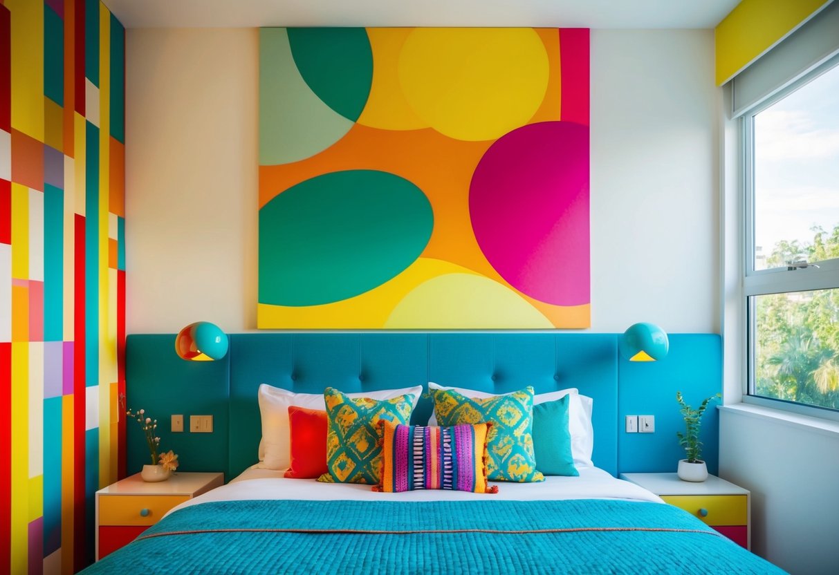 A colorful bedroom with bright wall art and vibrant decor