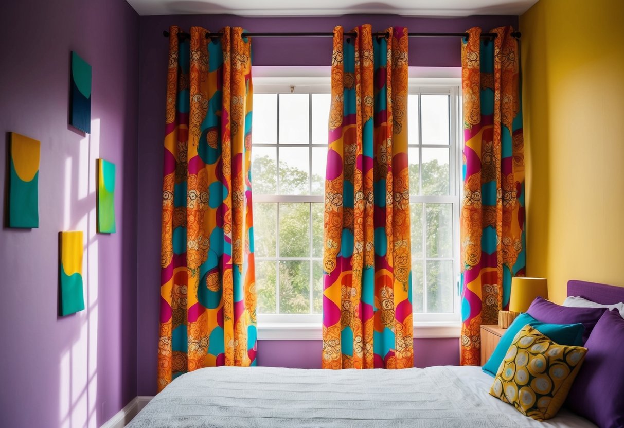 Vibrant patterned curtains hang in a colorful bedroom, casting playful shadows on the walls