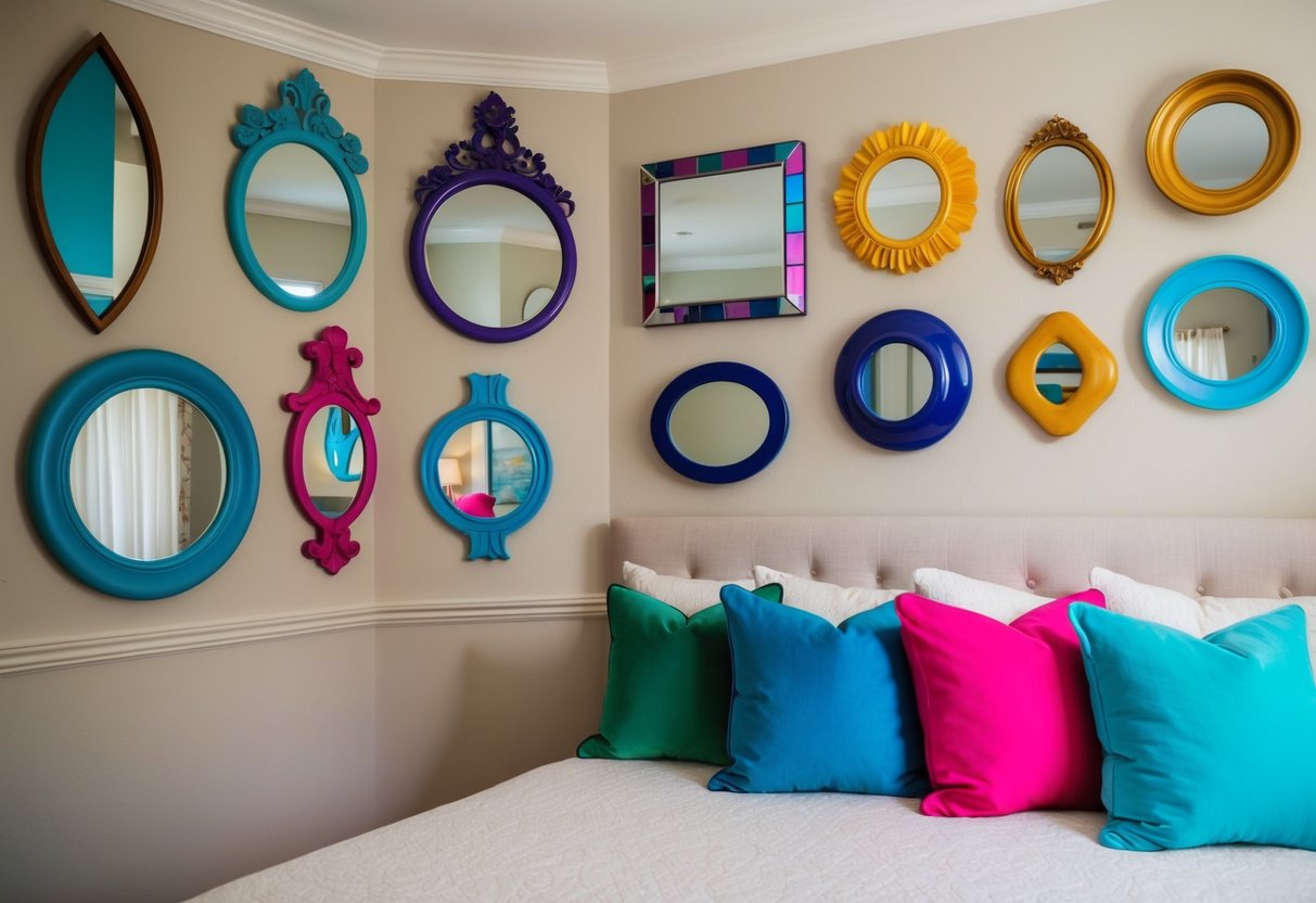 A bedroom with 18 unique, colorful mirrors arranged on the wall in various shapes and sizes, reflecting the vibrant hues of the room