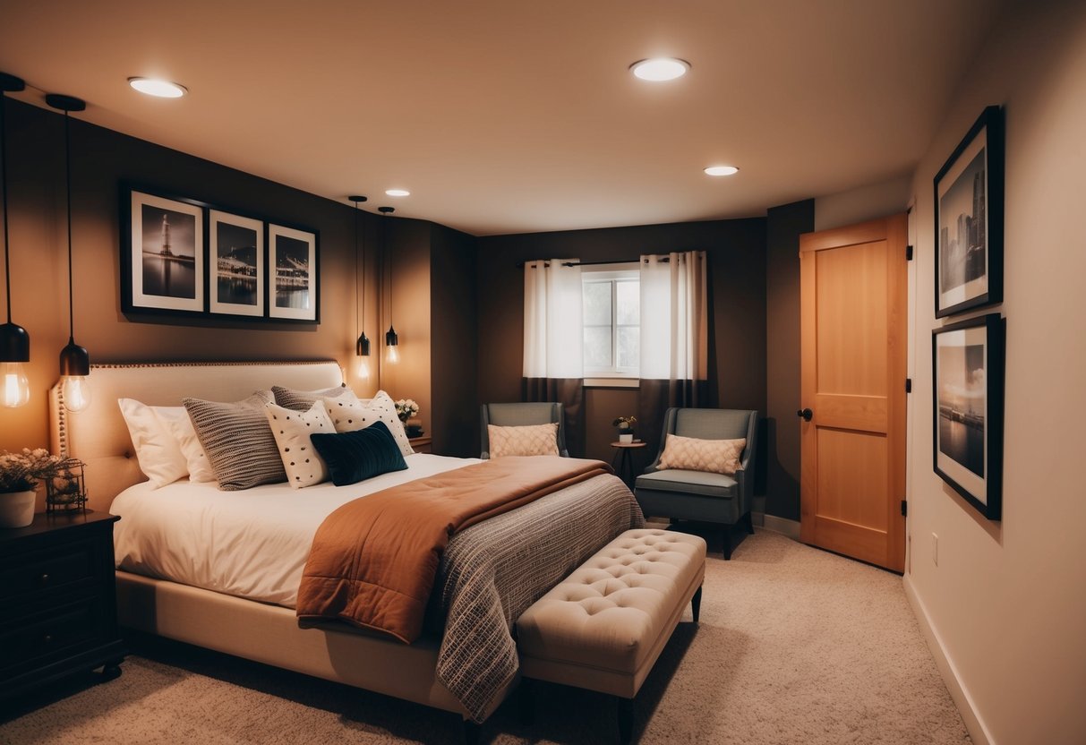 A cozy basement bedroom with warm lighting, a comfortable bed, and stylish decor