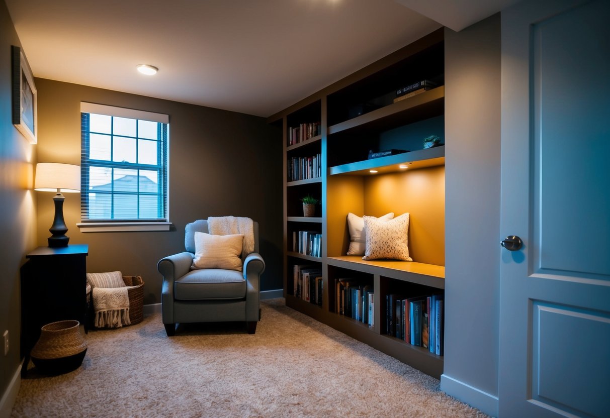 A basement bedroom with a cozy reading nook, complete with a comfortable armchair, soft throw blankets, a small bookshelf, and warm lighting