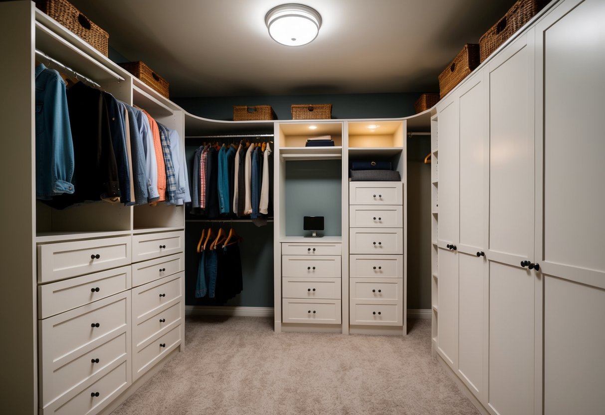 A spacious walk-in closet with shelves, drawers, and hanging space, illuminated by soft lighting in a cozy basement bedroom