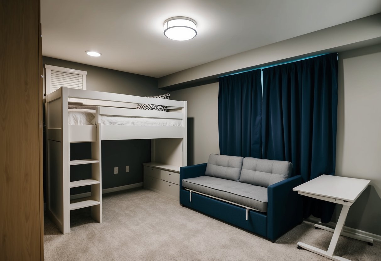 A basement bedroom with multi-functional furniture: a loft bed with built-in storage, a convertible sofa, and a fold-out desk