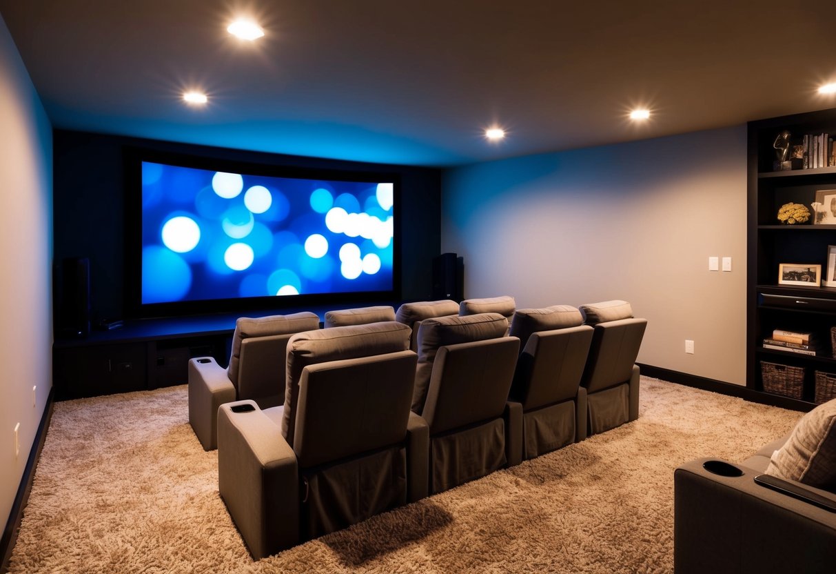 A cozy basement bedroom transformed into a home theater zone with plush seating, a large screen, and ambient lighting for a cinematic experience