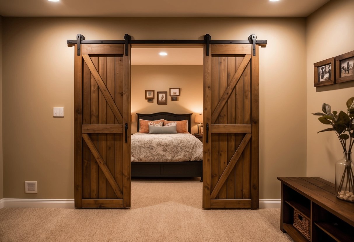 Sliding barn doors lead to a cozy basement bedroom with warm lighting and rustic decor