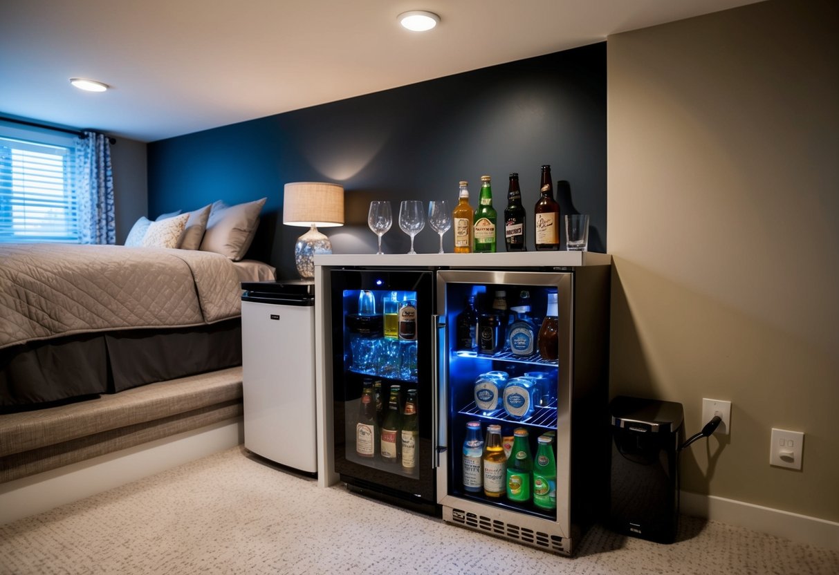 A cozy basement bedroom with a sleek mini bar nestled in the corner, complete with a small fridge, glasses, and a selection of beverages