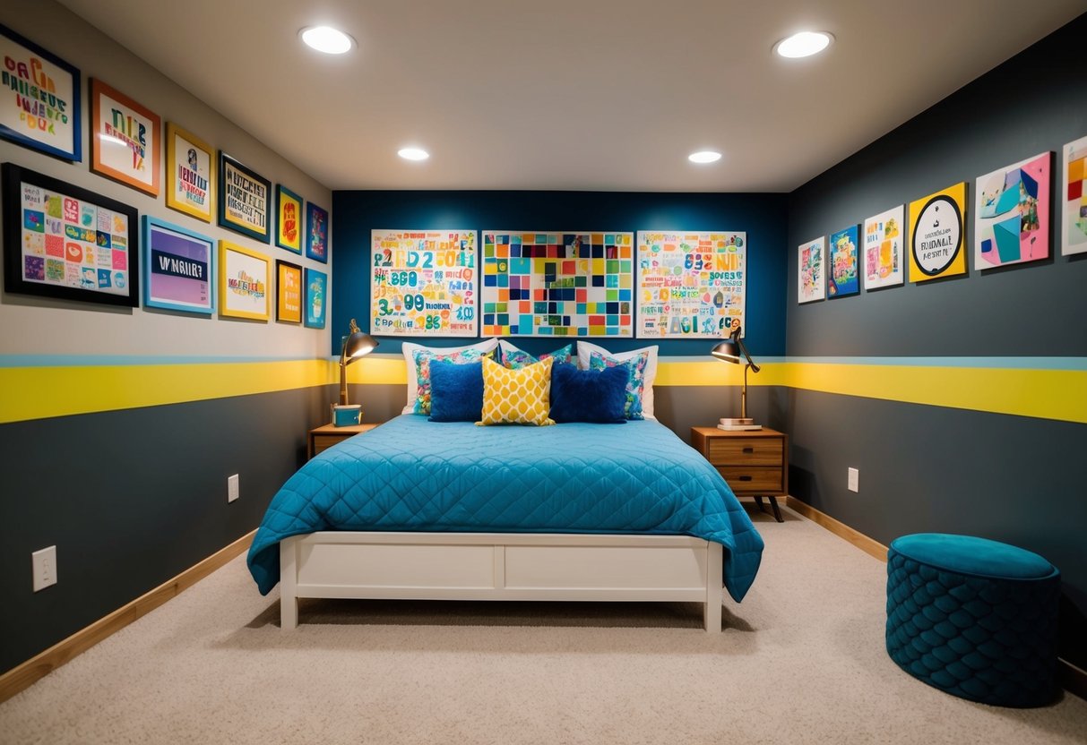 A cozy basement bedroom with colorful artwork and wall decals adorning the walls, creating a vibrant and inviting atmosphere