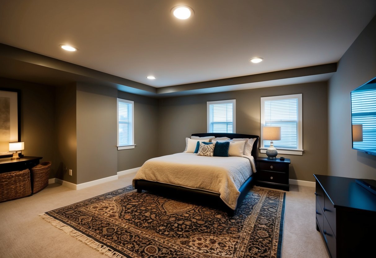 A cozy basement bedroom with a large area rug adding warmth and comfort to the space. A bed, nightstand, and lamp complete the inviting atmosphere