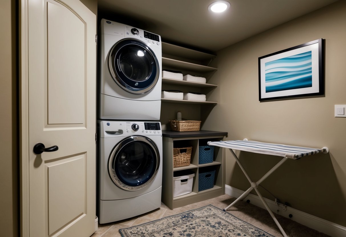 A compact laundry area tucked into the corner of a cozy basement bedroom, featuring a stacked washer and dryer, storage shelves, and a folding table