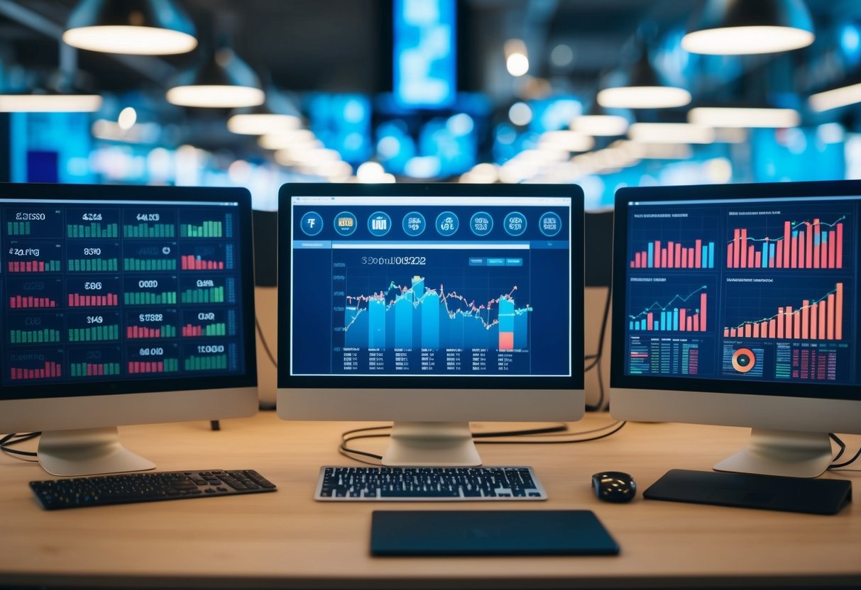 A bustling digital marketplace with various currency symbols and charts displayed on computer screens