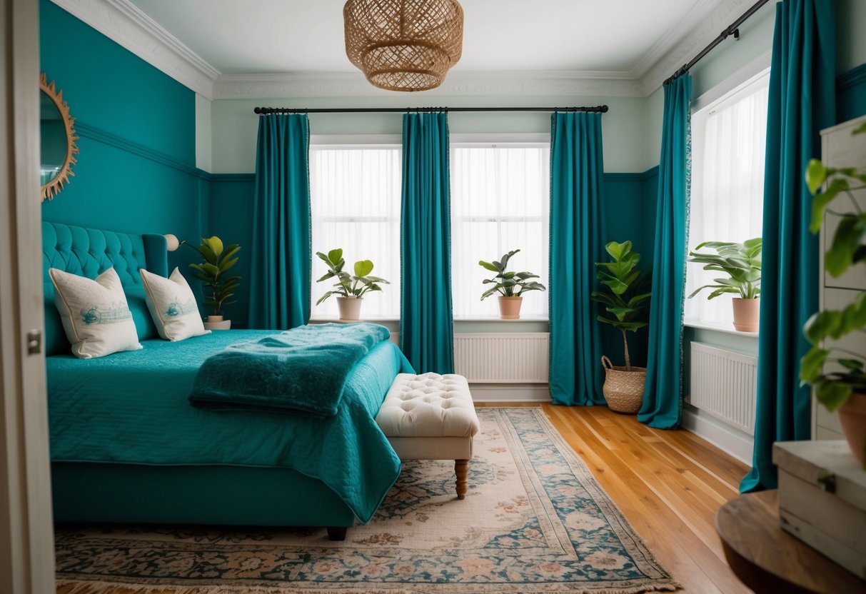 A cozy teal bedroom with a plush bed, matching curtains, and accent pillows. A vintage rug and potted plants add warmth to the room