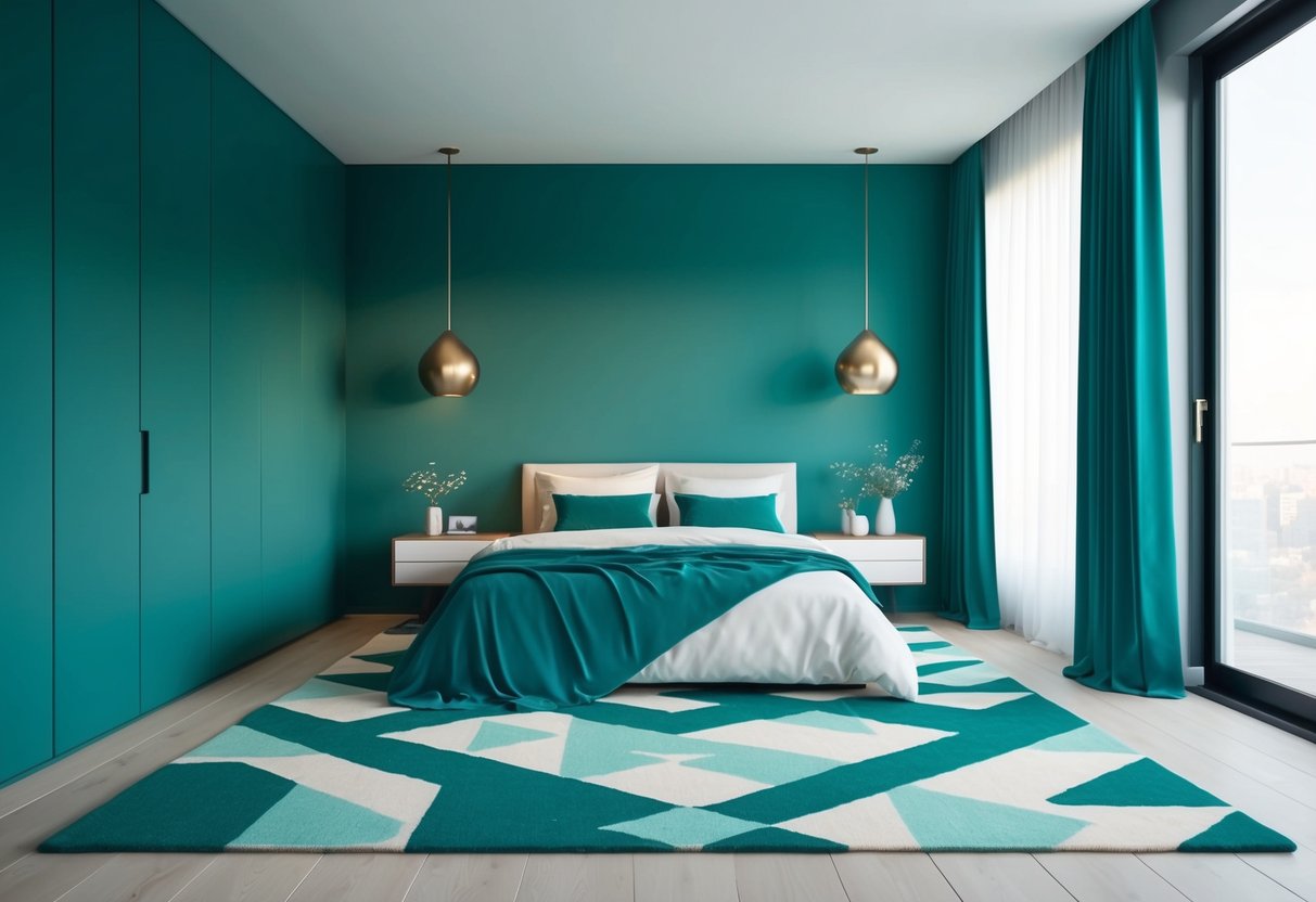 A geometric teal rug in a modern teal bedroom with minimalist decor and natural light streaming in through a large window