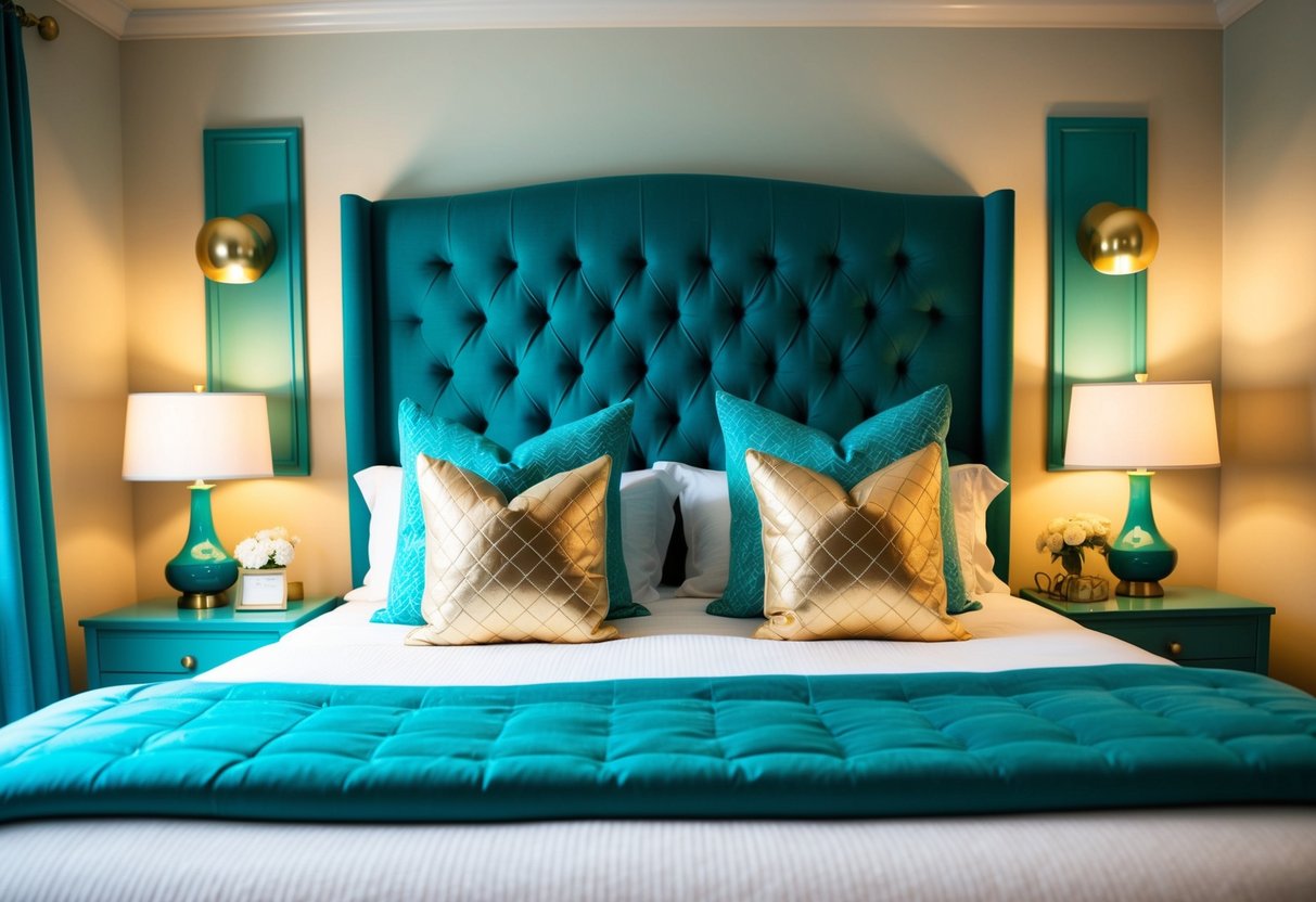 A cozy teal bedroom with gold decorative pillows on the bed, surrounded by teal accents and soft lighting