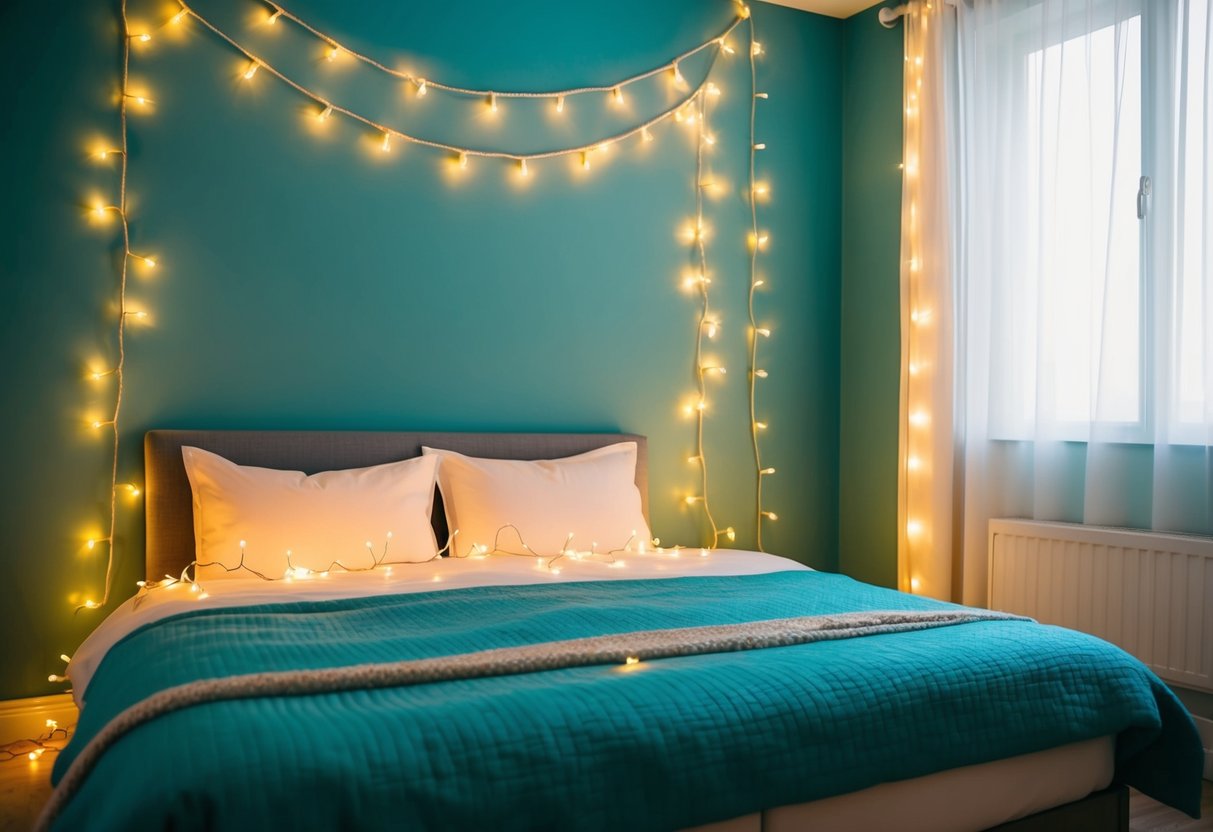 A cozy teal bedroom adorned with whimsical fairy lights, casting a soft glow over the room's decor and creating a dreamy atmosphere