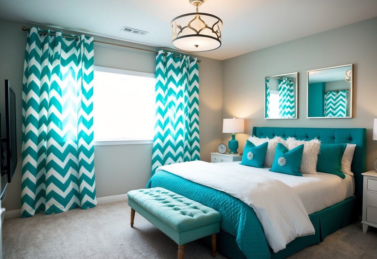 A cozy bedroom with teal and white chevron curtains, soft lighting, and teal accents throughout