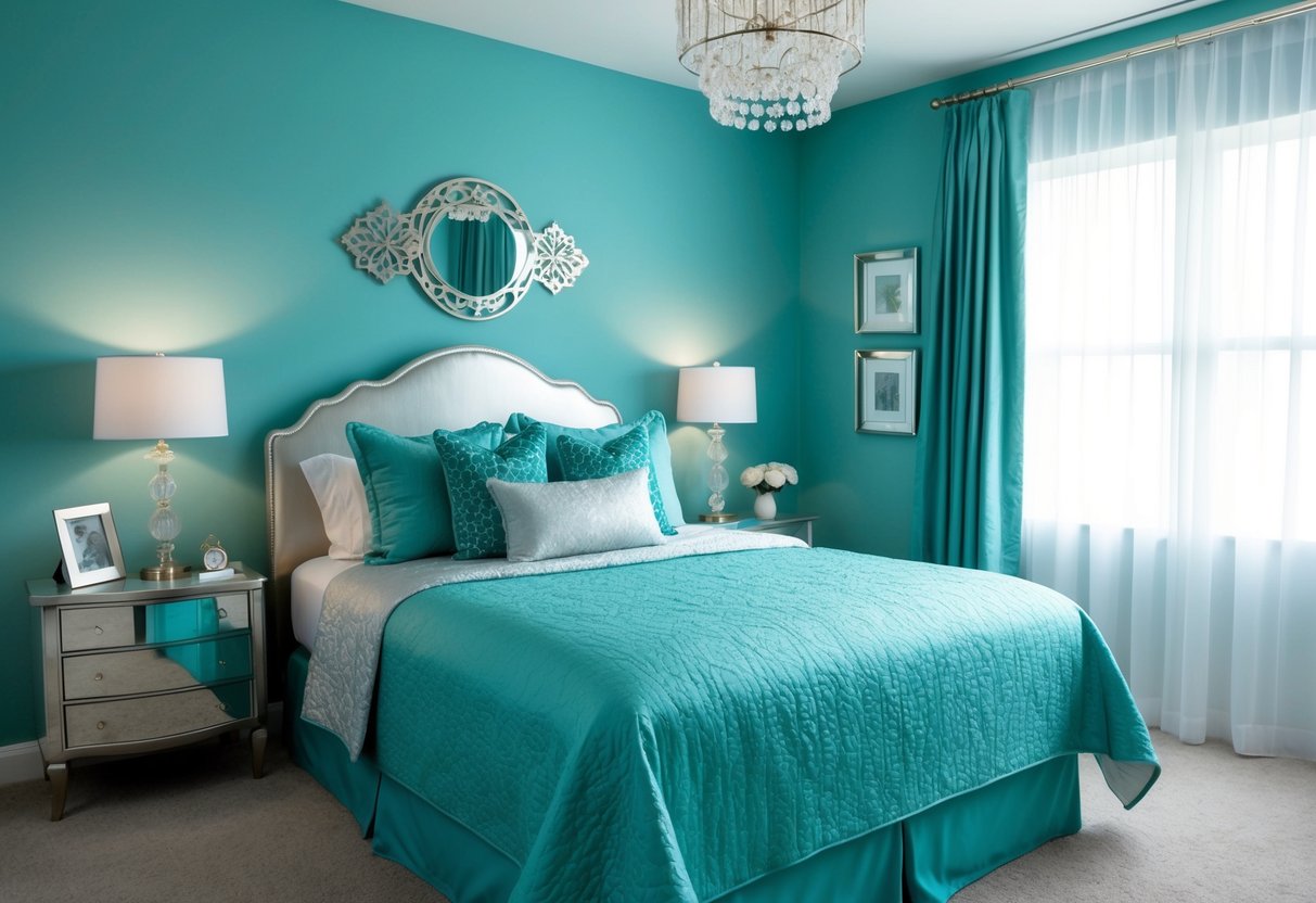 A teal and silver bedspread adorns a serene bedroom with matching decor