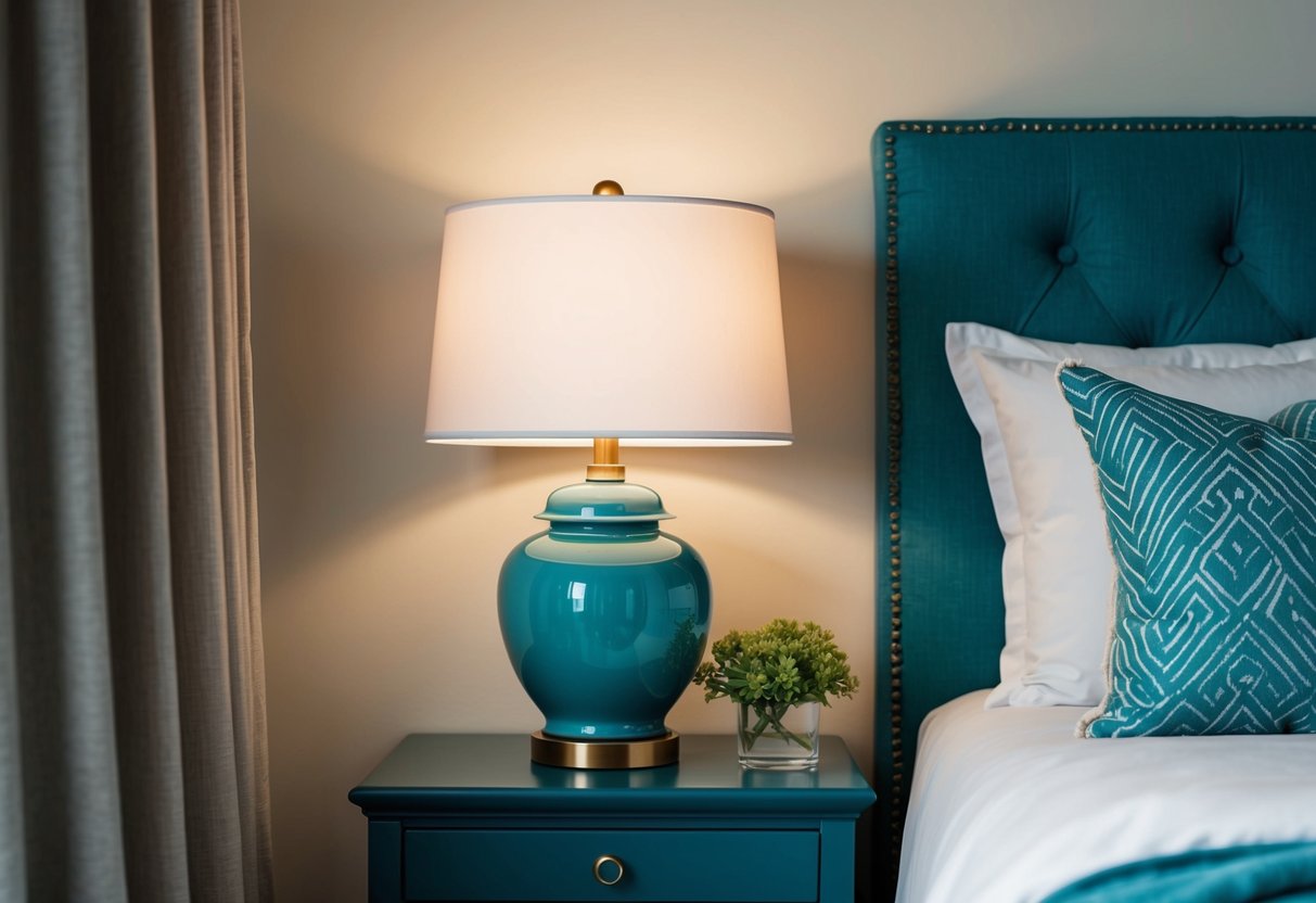 A teal ceramic table lamp illuminates a cozy bedroom with teal accents