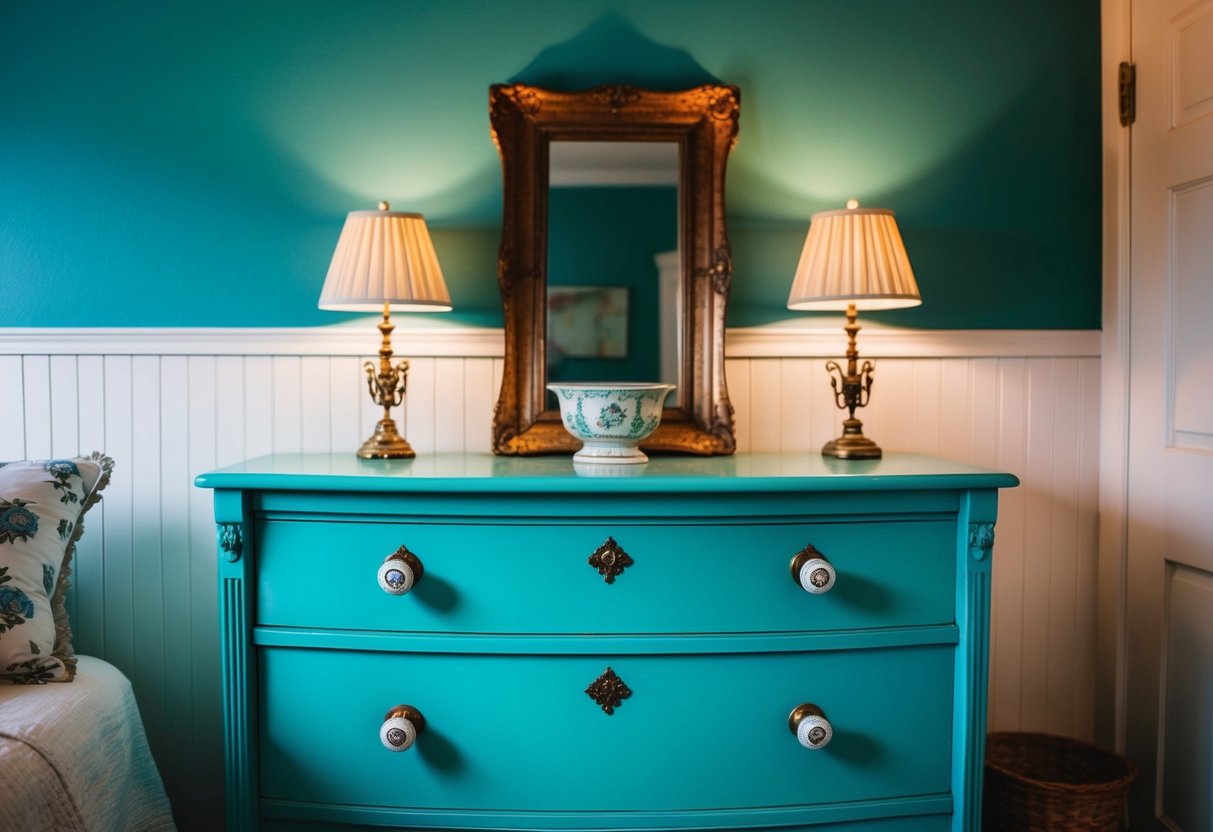 A vintage teal dresser sits against a teal-painted wall in a cozy bedroom. The dresser is adorned with antique knobs and surrounded by vintage decor