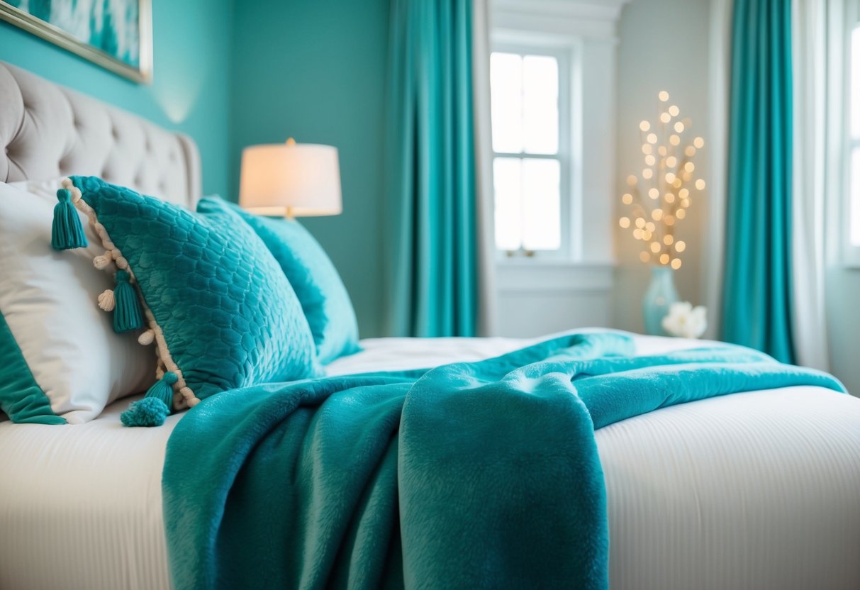 A cozy teal throw blanket draped over a plush bed in a serene teal bedroom with soft lighting and decorative accents