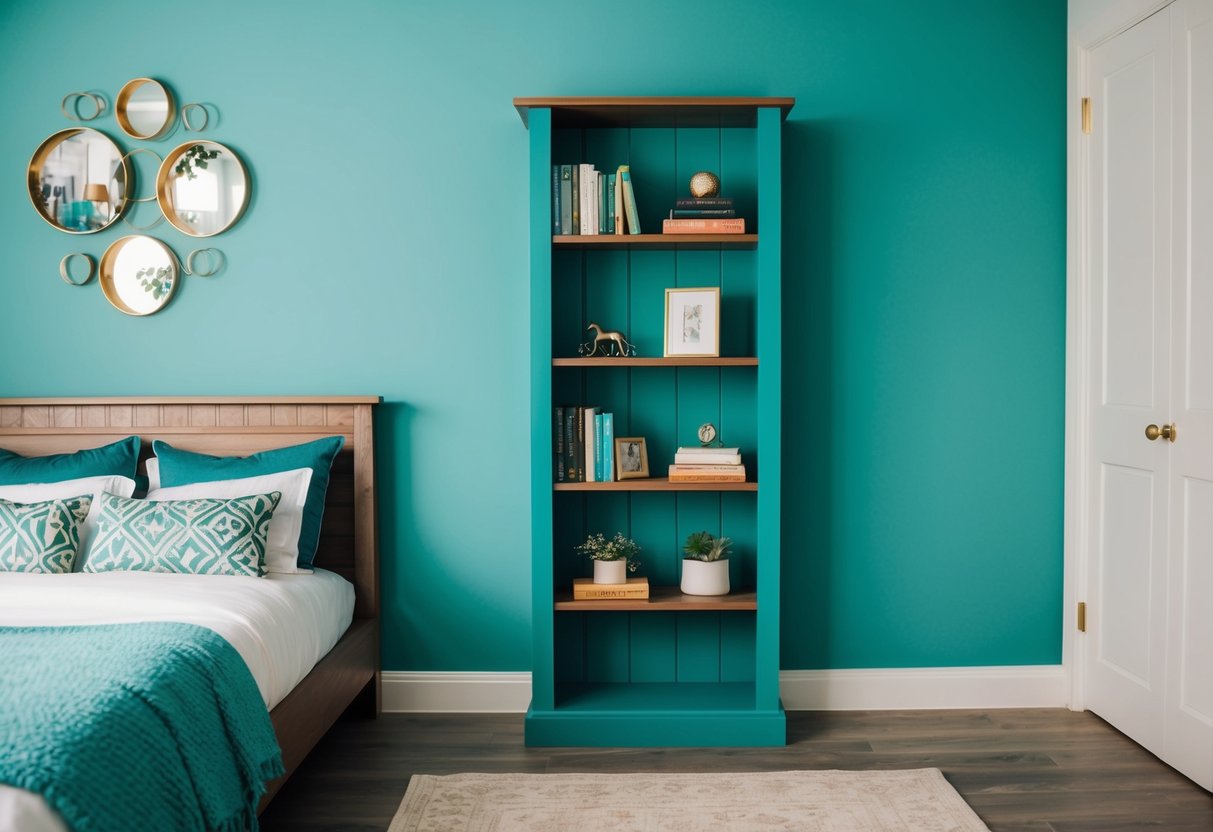 A teal and wood bookshelf stands against a teal bedroom wall, adorned with various decorations and books