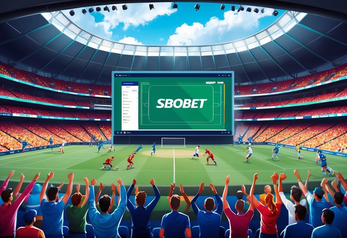 Sebuah stadion olahraga yang ramai dengan penggemar yang bersorak, layar besar yang menampilkan platform SBOBET, dan atlet yang berkompetisi dalam berbagai cabang olahraga