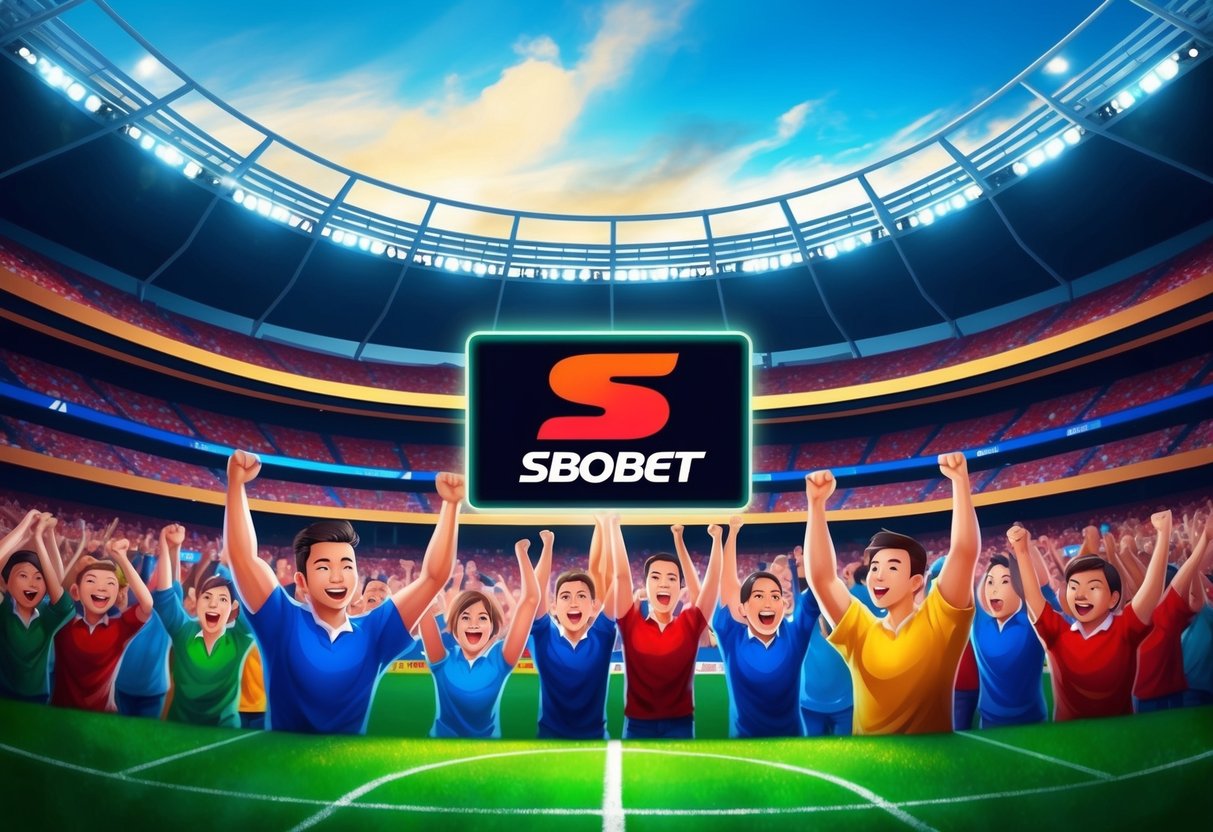 Sebuah stadion olahraga yang dinamis dengan penggemar yang bersorak dan logo SBOBET yang terlihat di papan skor elektronik