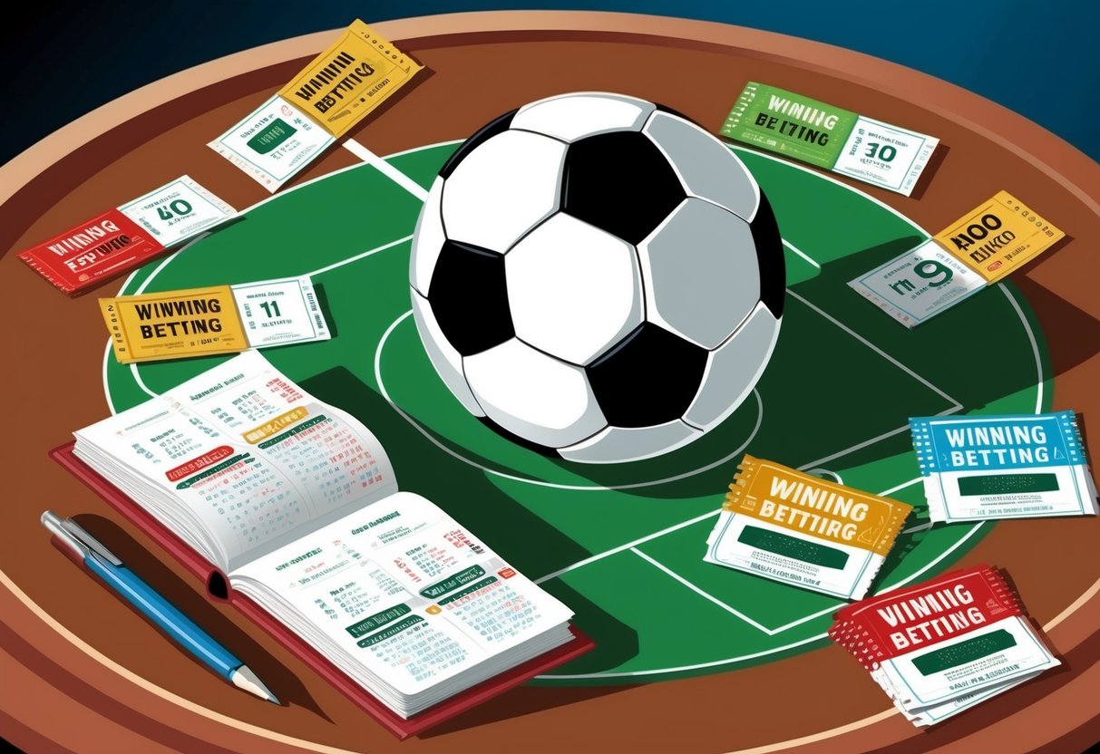 Sebuah bola sepak dikelilingi oleh tiket taruhan yang menang dan buku strategi di atas meja