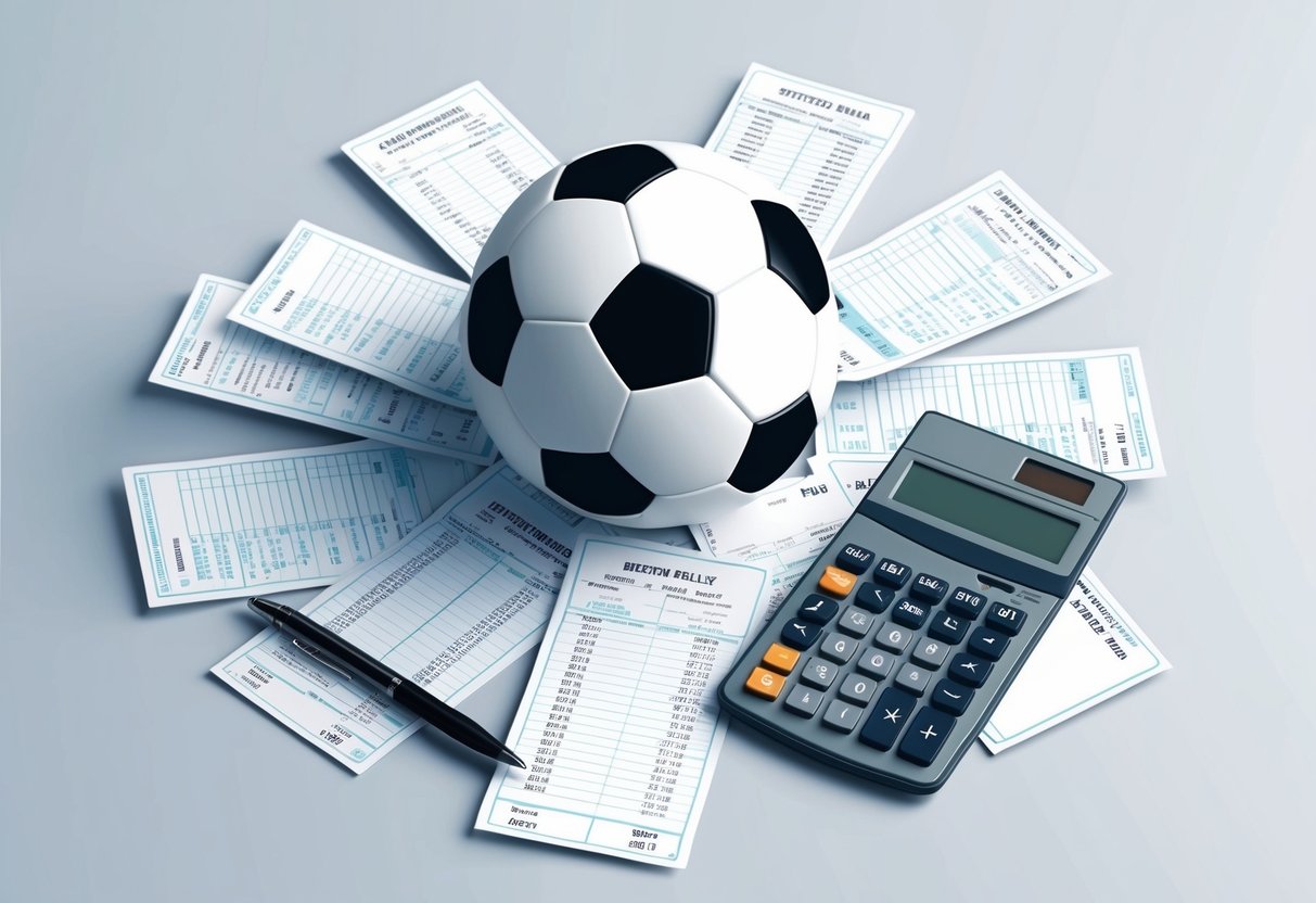 Sebuah bola sepak dikelilingi oleh kumpulan slip taruhan dan sebuah kalkulator, melambangkan perencanaan strategis dan analisis yang terlibat dalam membuat prediksi parlay yang sukses.