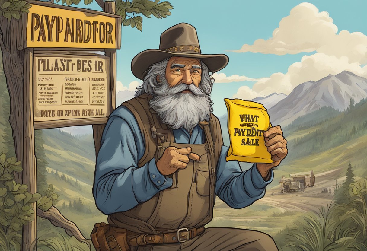 A grizzled prospector holding up a nugget, exclaiming "what a ripper" beside a sign advertising "paydirt for sale."