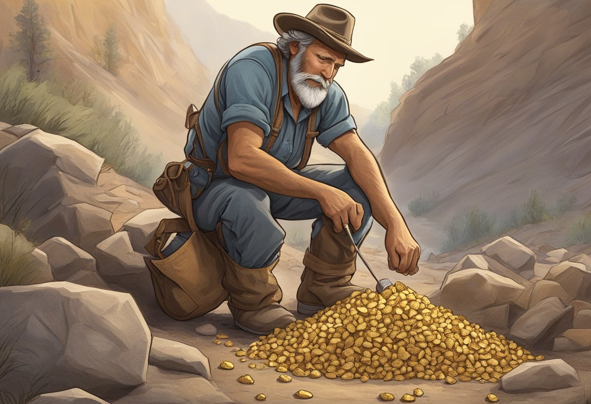 A rugged prospector eagerly examines a bag of paydirt, exclaiming "what a ripper" as he discovers glimmering gold nuggets within