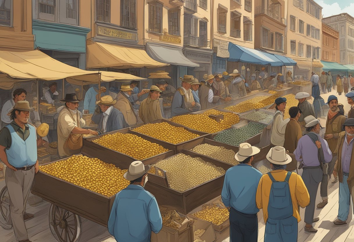 A bustling market scene with gold nuggets on display, buyers examining the paydirt, and a vendor exclaiming "what a ripper" at a particularly valuable find