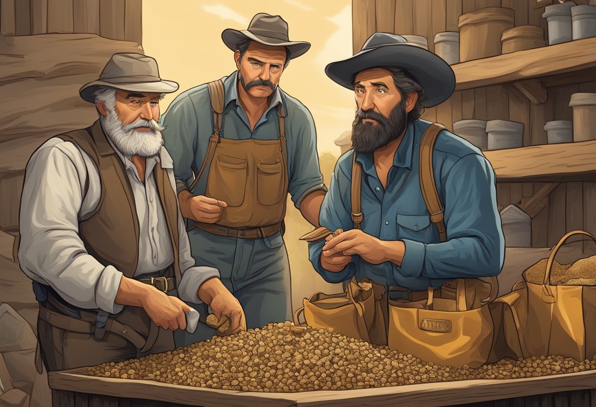 A prospector examines a bag of paydirt, nodding in approval and exclaiming "what a ripper" while a seller looks on confidently