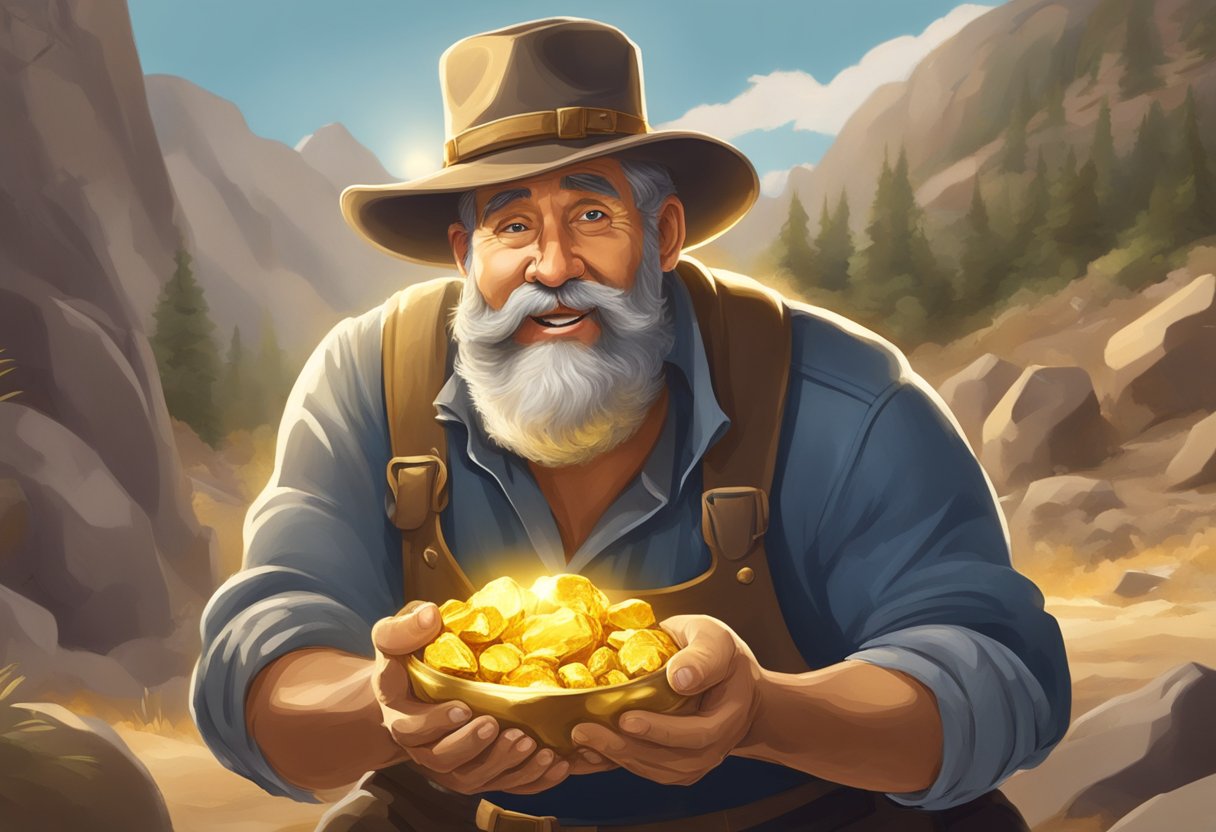 A prospector excitedly unearths a gold nugget, exclaiming "what a ripper" as he holds it up to the sunlight