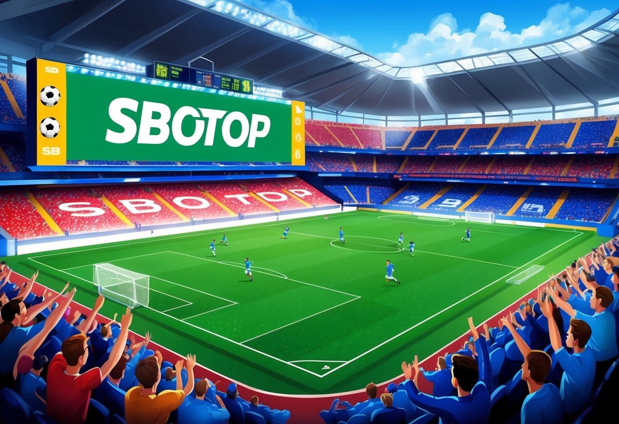 Sebuah stadion sepak bola yang ramai dengan penggemar yang bersorak, papan skor raksasa menampilkan logo SBOTOP, dan pemain yang beraksi di lapangan