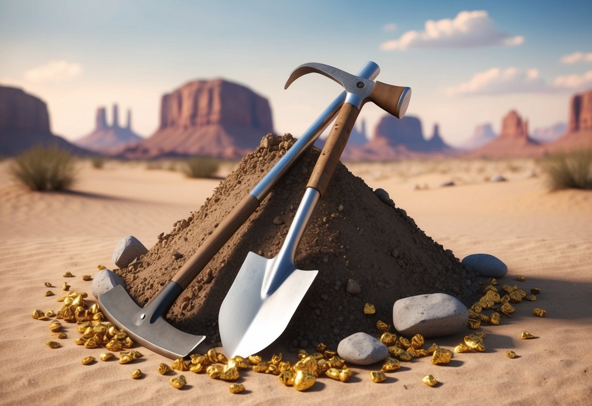 A shovel and pickaxe resting against a pile of dirt, with scattered gold nuggets and rocks in a desert setting