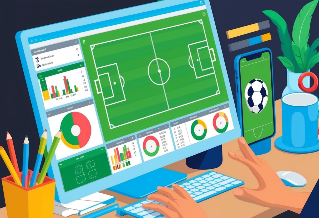 Analisis pertandingan sepak bola dengan grafik, diagram, dan statistik yang ditampilkan di layar komputer