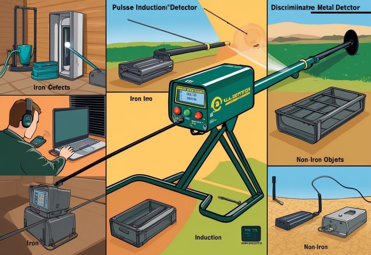 A pulse induction metal detector in use, discriminating between iron and non-iron objects in a variety of settings