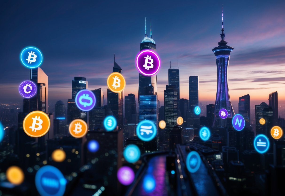 A futuristic city skyline with neon signs of various cryptocurrency symbols, bustling with activity as people trade on no KYC exchanges