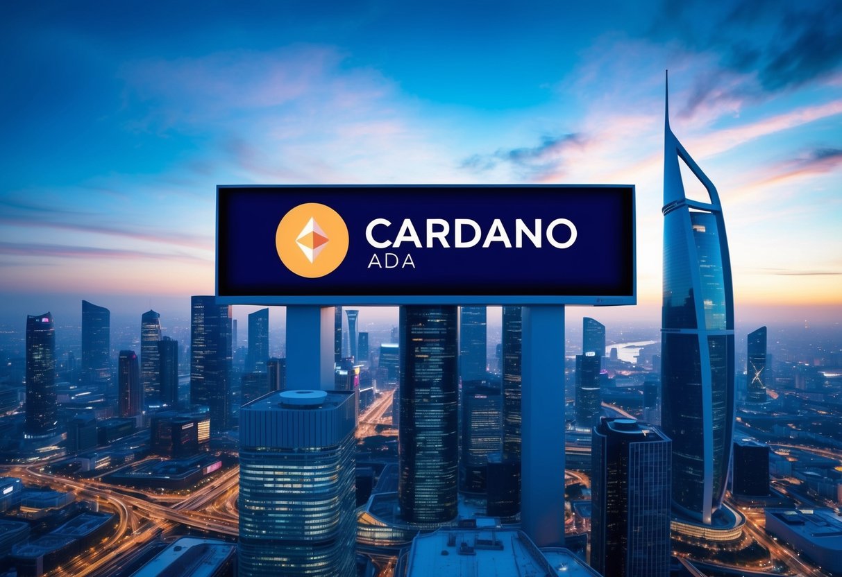 A futuristic city skyline with a prominent Cardano logo displayed on a digital billboard. The city is bustling with activity, showcasing the widespread use of Cardano (ADA) in everyday transactions