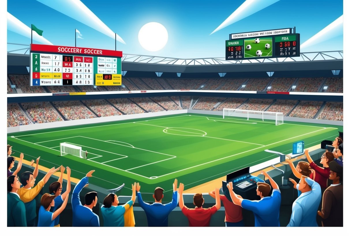 Sebuah lapangan sepak bola dengan papan skor yang menampilkan skor secara real-time, dikelilingi oleh penggemar yang antusias dan seorang bandar yang memperbarui odds