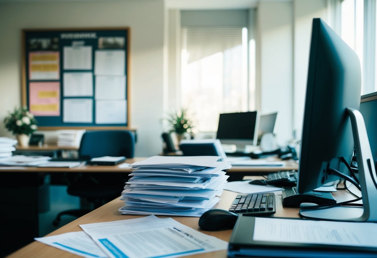 Un bureau de bureau encombré avec un ordinateur, des documents et une pile de dossiers. Un tableau d'affichage présente des avis importants.