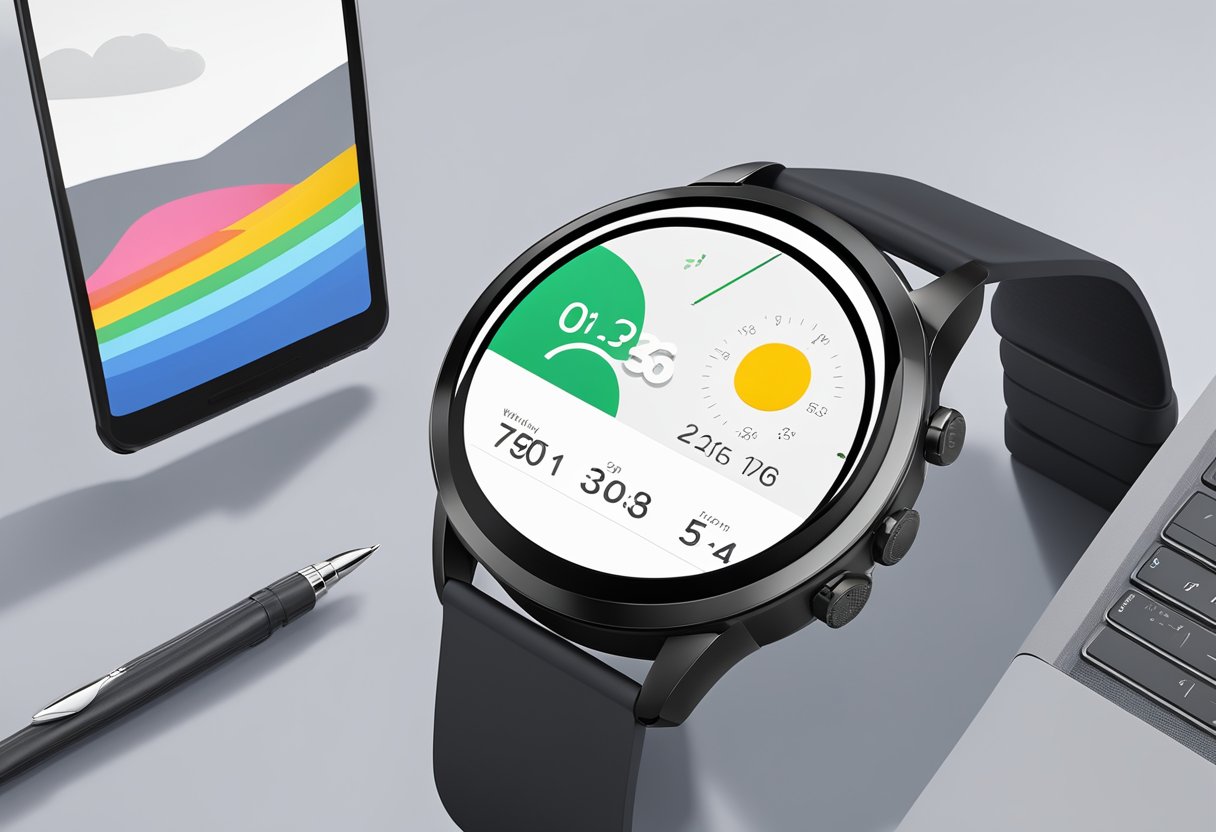 A sleek Google Watch 3 sits on a modern desk, surrounded by a laptop, smartphone, and a stylish pen. The watch's screen displays a weather forecast