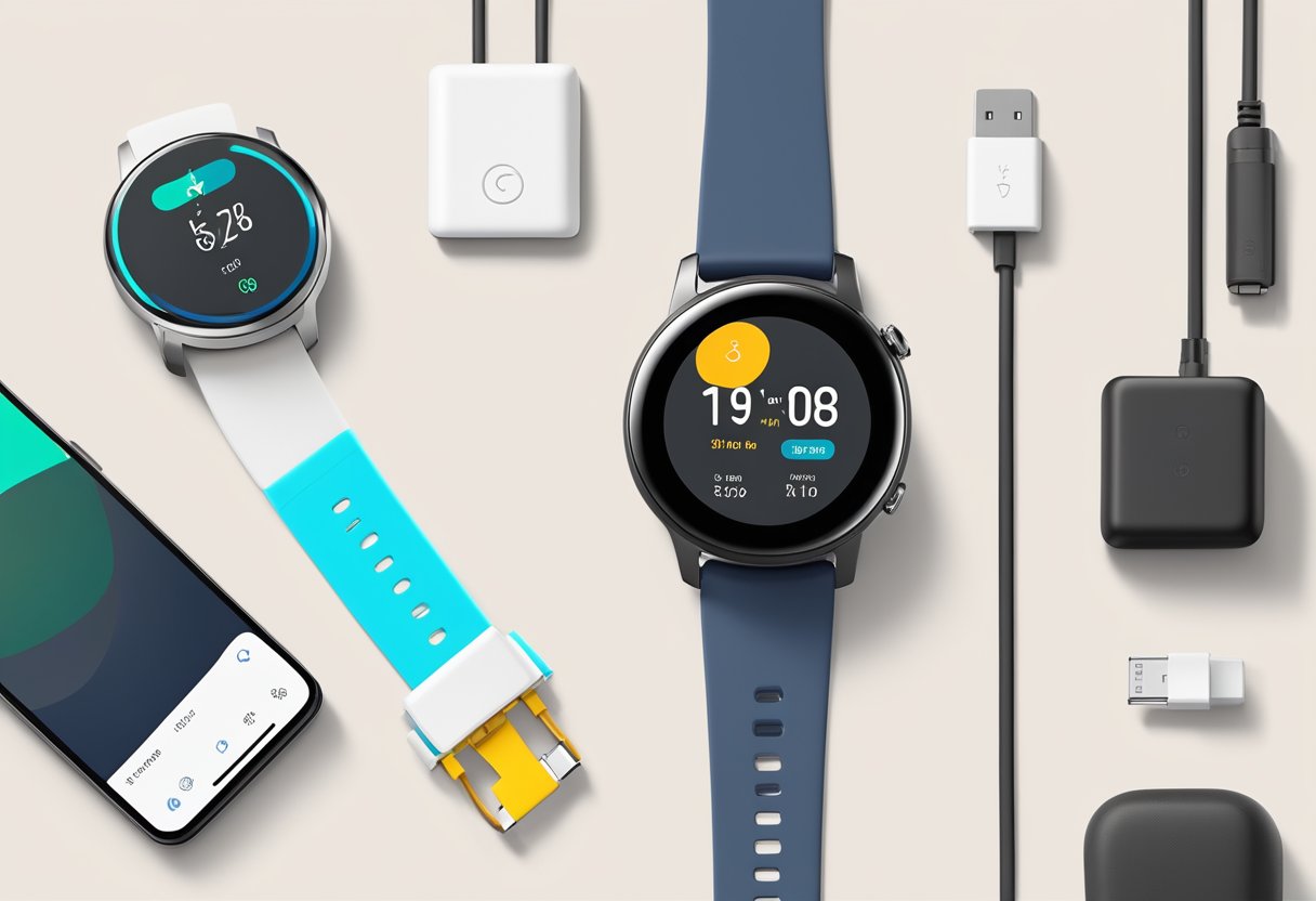 A Google Watch 3 with technical specifications displayed on a digital screen, surrounded by various charging cables and a battery life indicator at 80%