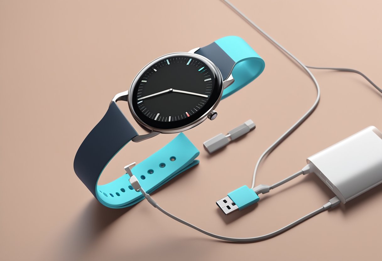 A sleek, modern smartwatch sits on a clean, minimalist desk with a charging cable nearby