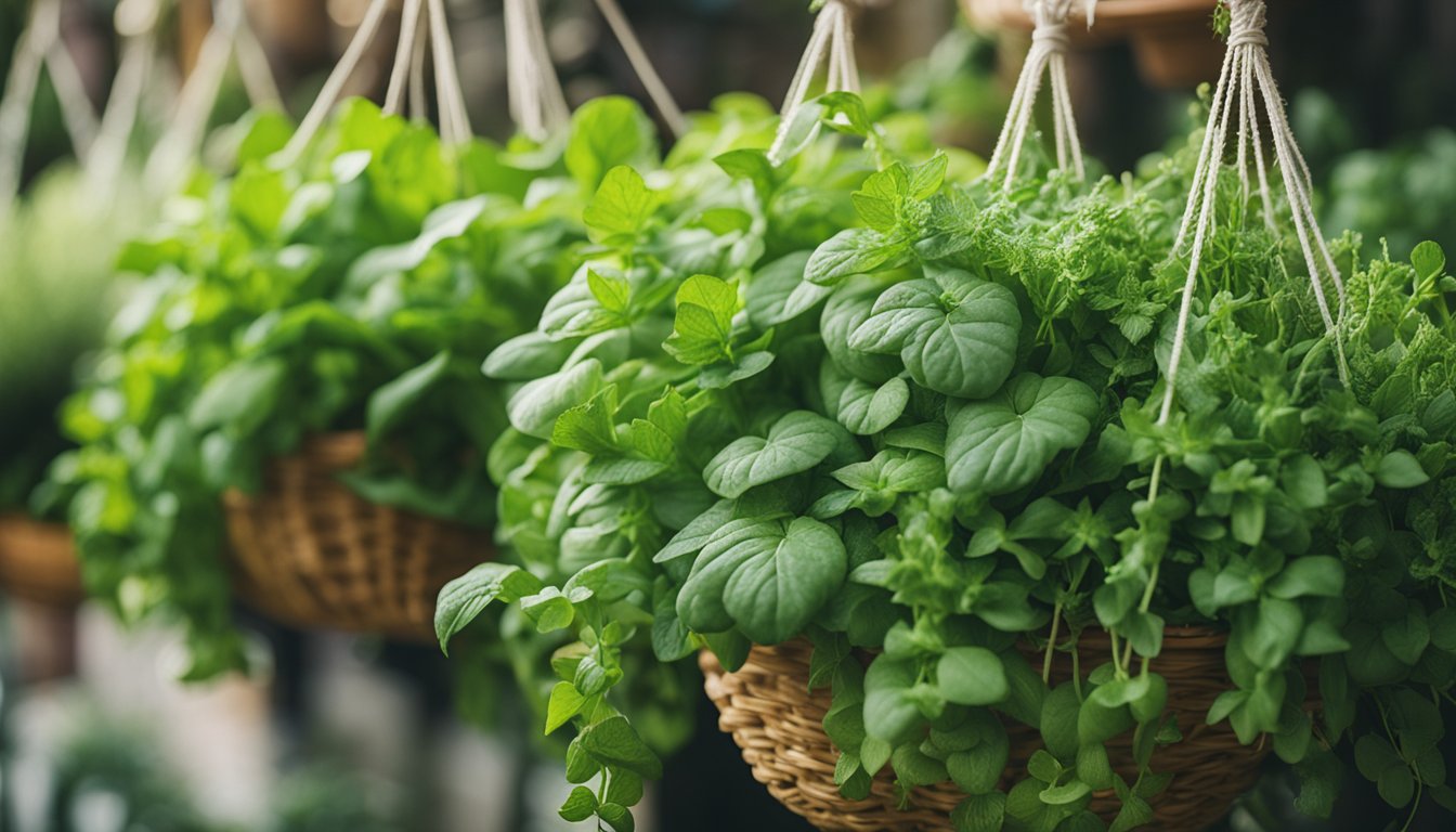 Lush green herbs spill from hanging baskets, their leaves cascading over the sides