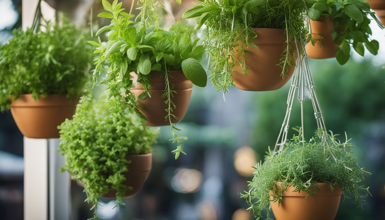 Lush green herbs cascade from hanging baskets - mint, thyme, and rosemary create a vibrant, aromatic scene