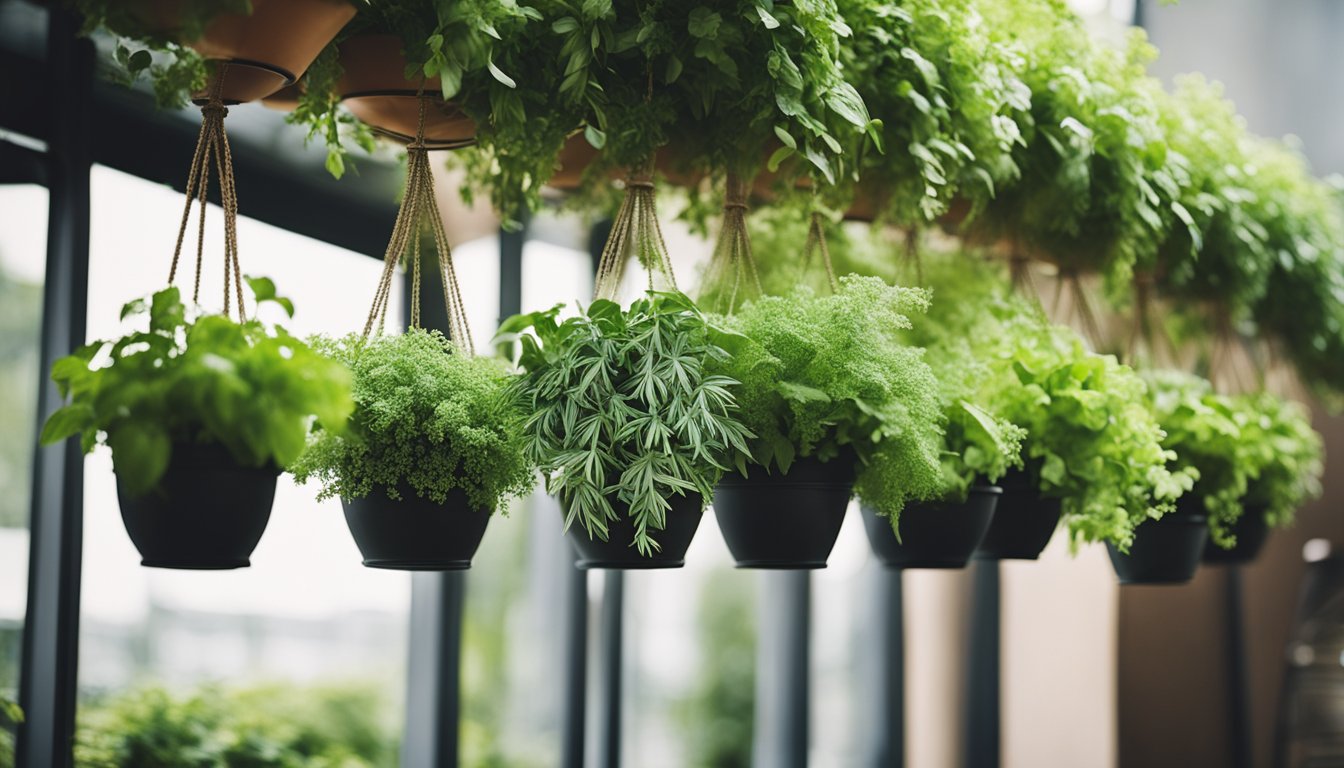 Lush green herbs cascade from hanging baskets