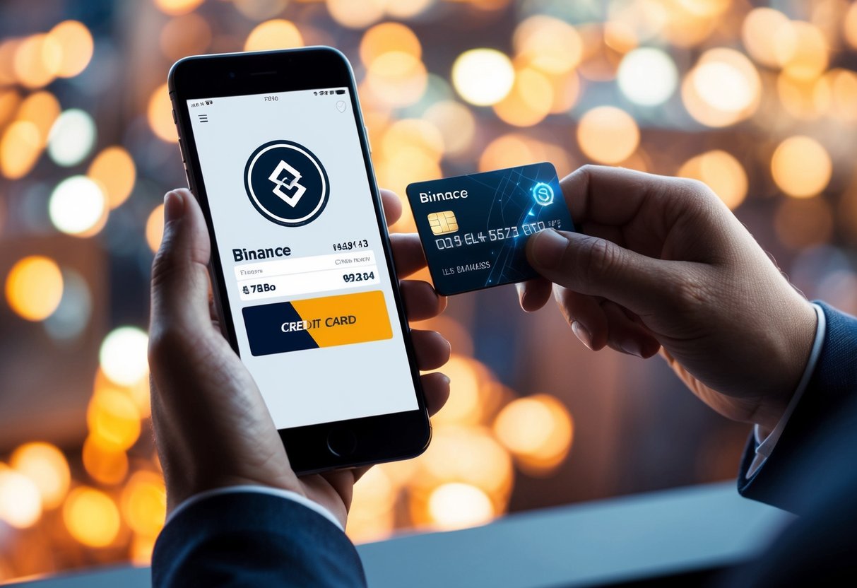 A person using a smartphone to purchase Binance Coin with a credit card